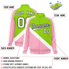 Neon Green Light Pink Raglan Full-Snap Letterman Baseball Jacket 2