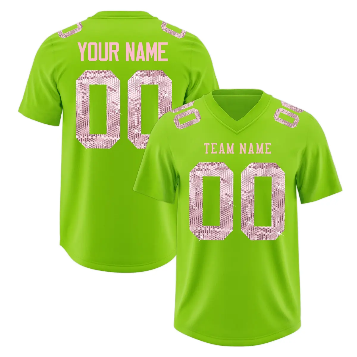 Neon Green Light Pink Sequin Lettering Football Jersey