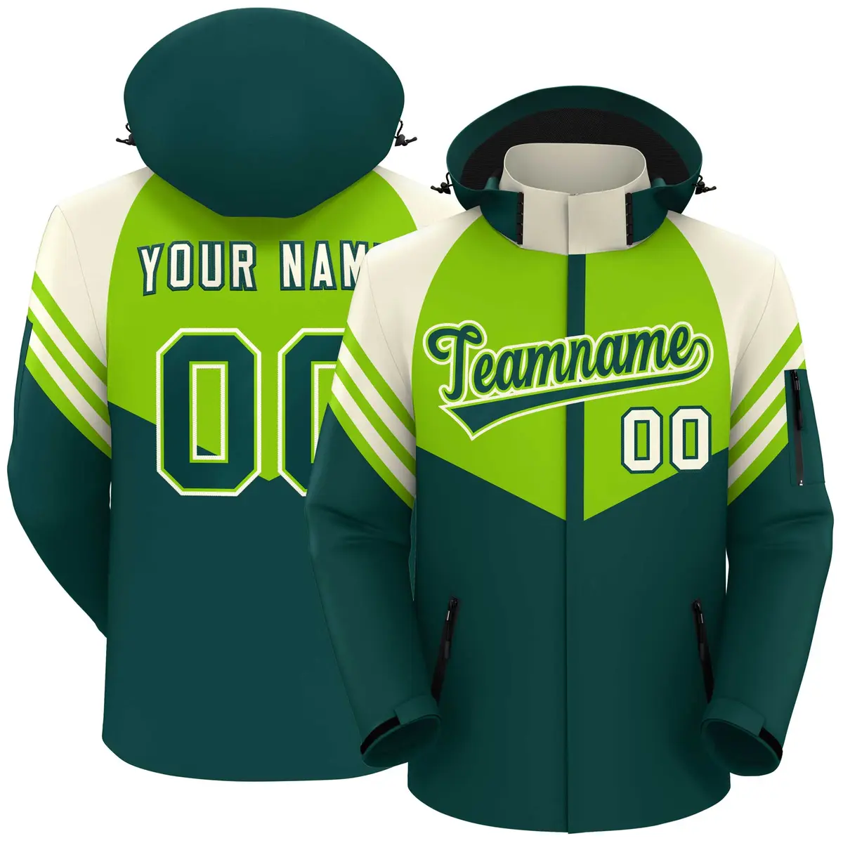 Neon Green Midnight Green-Cream Color Block Hooded Waterproof Jacket