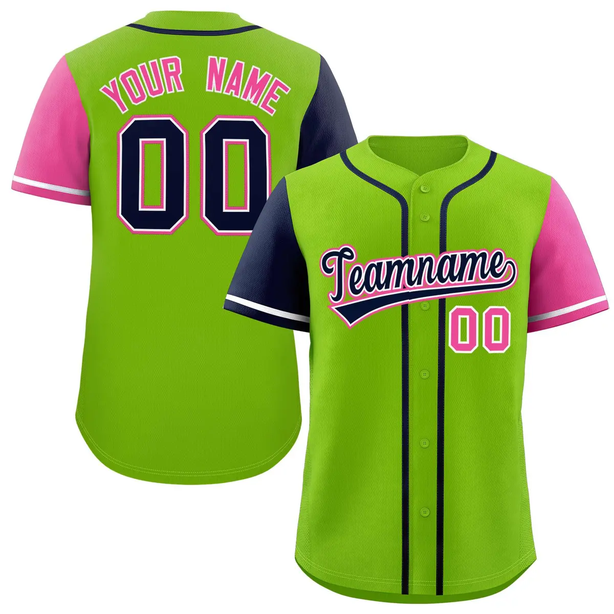 Neon Green Navy and Pink Raglan Sleeves Baseball Jersey