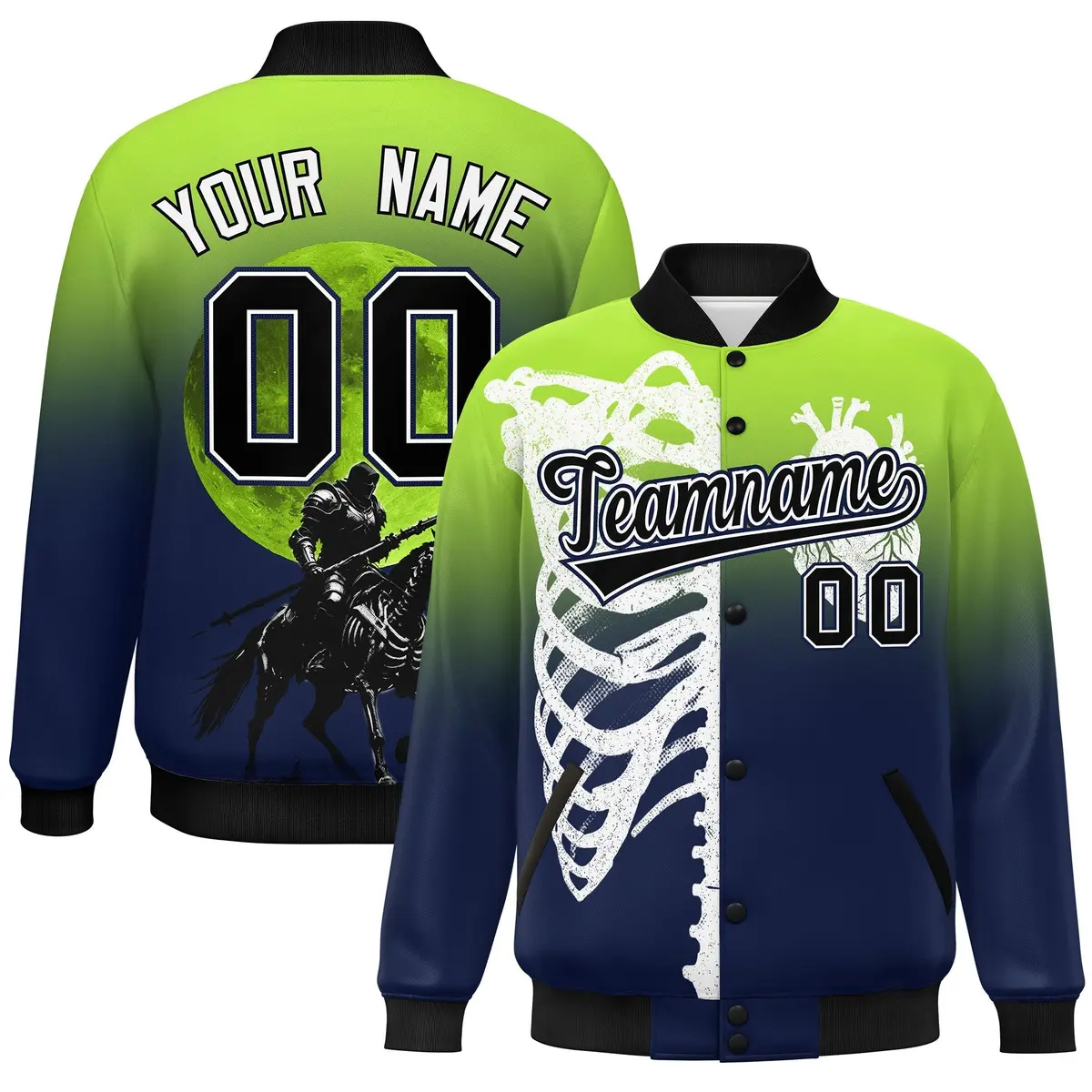 Neon Green Navy Black Halloween Skeleton Varsity Jacket Stretch Fabric