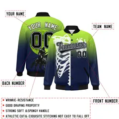 Neon Green Navy Black Halloween Skeleton Varsity Jacket Stretch Fabric 2