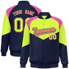 Neon Green Navy Color Block Varsity Letterman Jacket