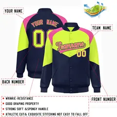 Neon Green Navy Color Block Varsity Letterman Jacket 2