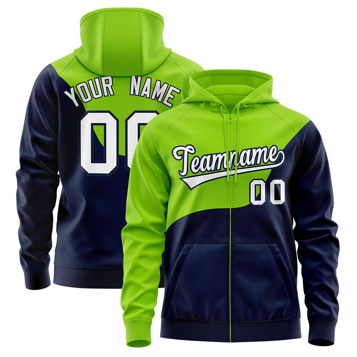 Neon Green Navy Color Block Wave Varsity Full-Zip Letterman Jacket Hoodie