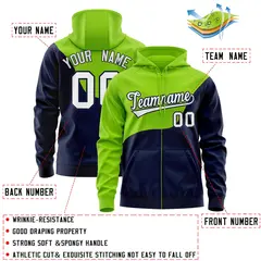 Neon Green Navy Color Block Wave Varsity Full-Zip Letterman Jacket Hoodie 4