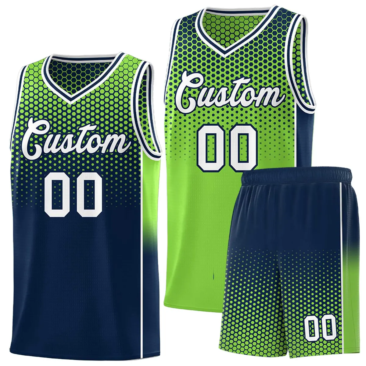Neon Green Navy Dot Pattern Side Gradient Reversible Basketball Jersey Kits