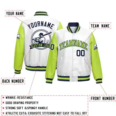 Neon Green Navy Faux Leather Letterman Jacket Raglan Full-Snap 2