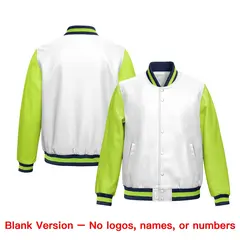 Neon Green Navy Faux Leather Letterman Jacket Raglan Full-Snap 6