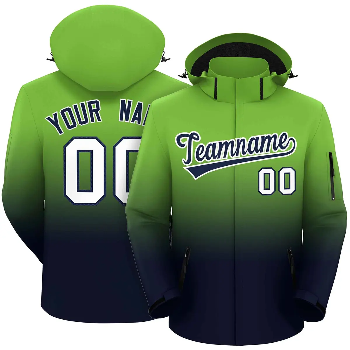 Neon Green Navy Gradient Hooded Outdoor Waterproof Jacket
