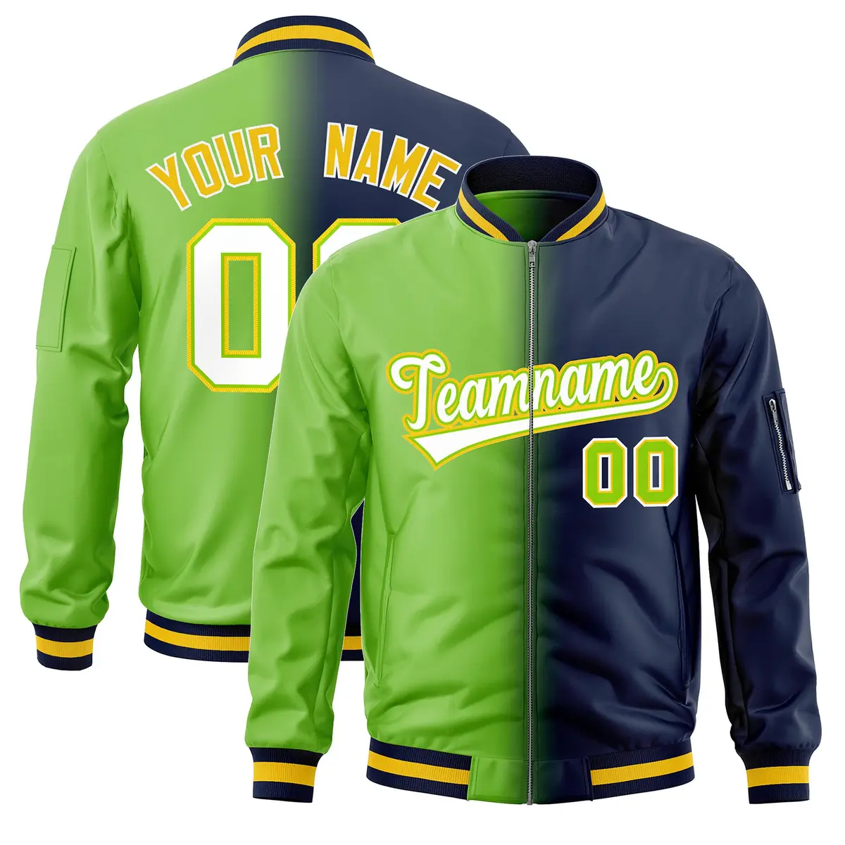 Neon Green Navy Gradient Letterman Bomber Jacket