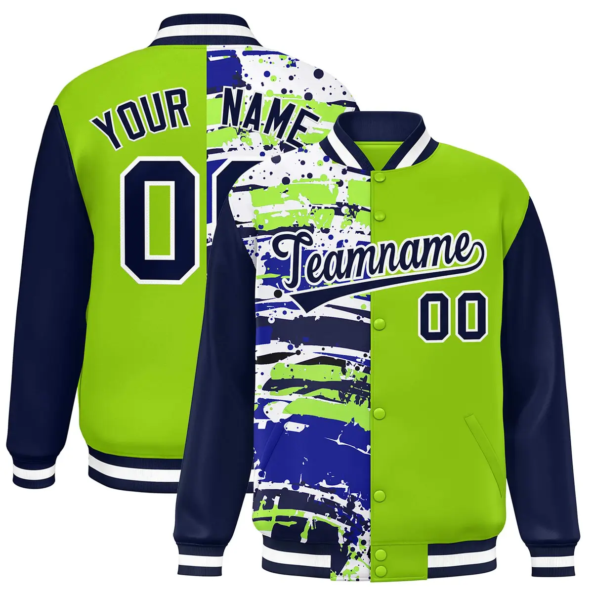 Neon Green Navy Graffiti Varsity Full-Snap Letterman Baseball Jacket