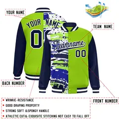 Neon Green Navy Graffiti Varsity Full-Snap Letterman Baseball Jacket 2