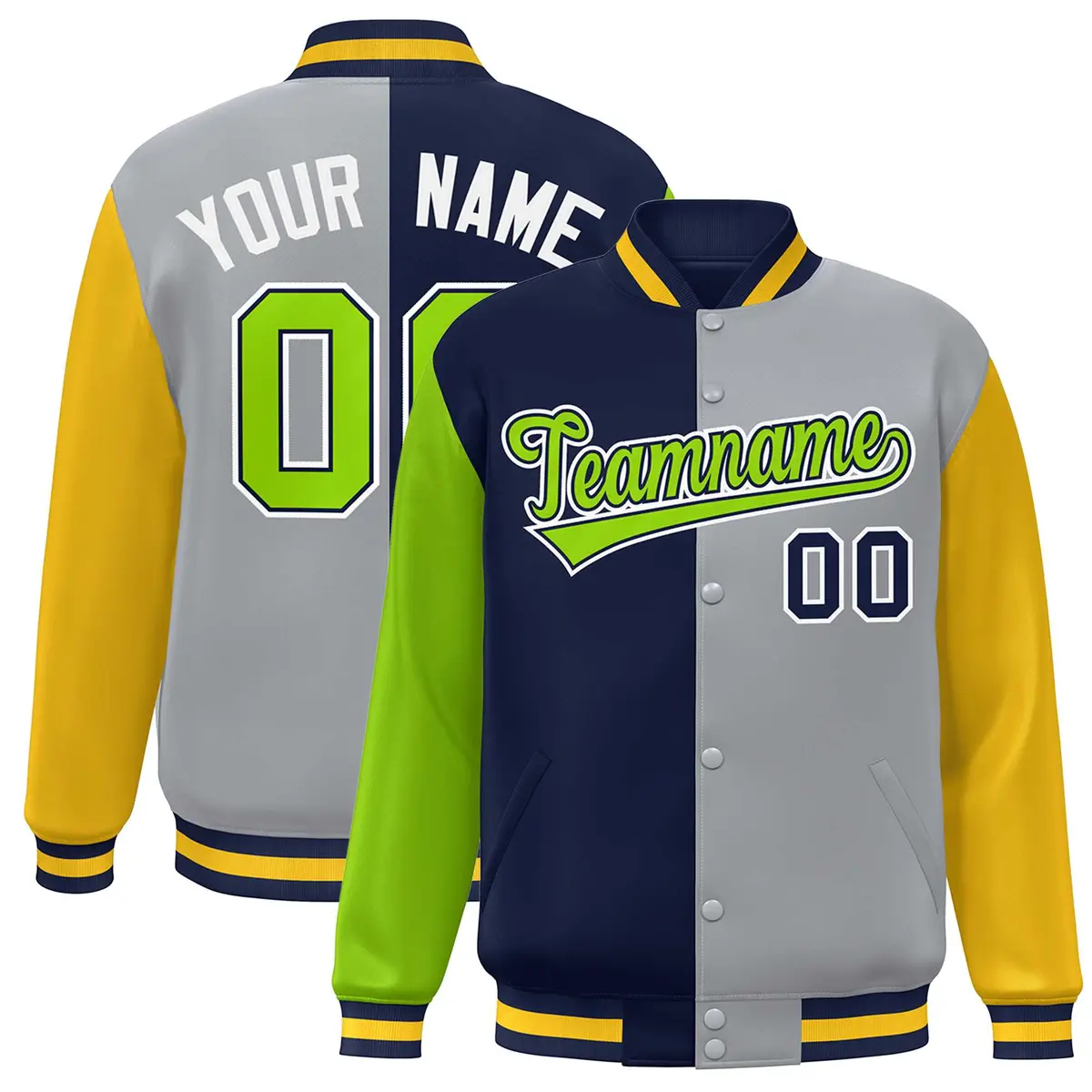 Neon Green Navy Gray-Gold Color Block Varsity Bomber Jacket