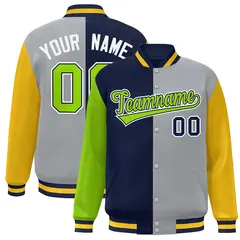 Neon Green Navy Gray-Gold Color Block Varsity Bomber Jacket