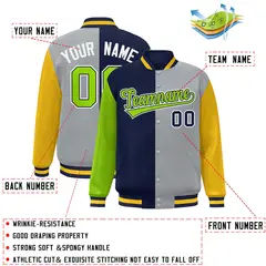 Neon Green Navy Gray-Gold Color Block Varsity Bomber Jacket 2