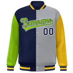 Neon Green Navy Gray-Gold Color Block Varsity Bomber Jacket 3