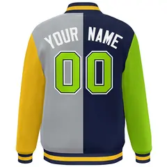 Neon Green Navy Gray-Gold Color Block Varsity Bomber Jacket 4