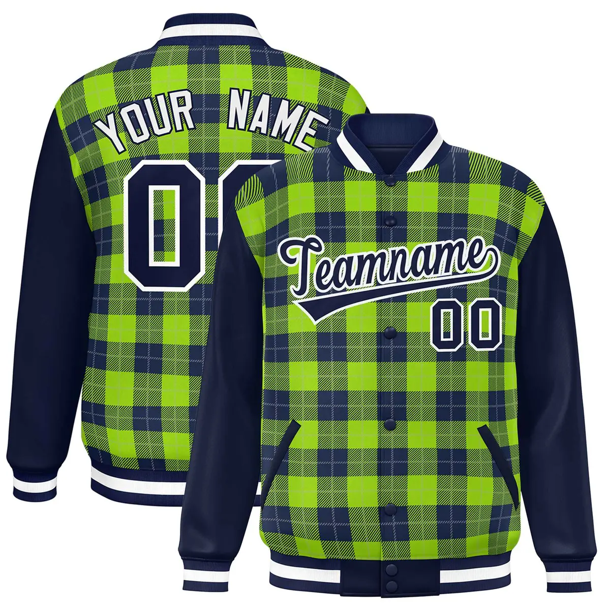 Neon Green Navy-Gray Plaid Varsity Letterman Baseball Jacket