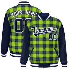 Neon Green Navy-Gray Plaid Varsity Letterman Baseball Jacket 1