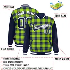 Neon Green Navy-Gray Plaid Varsity Letterman Baseball Jacket 2