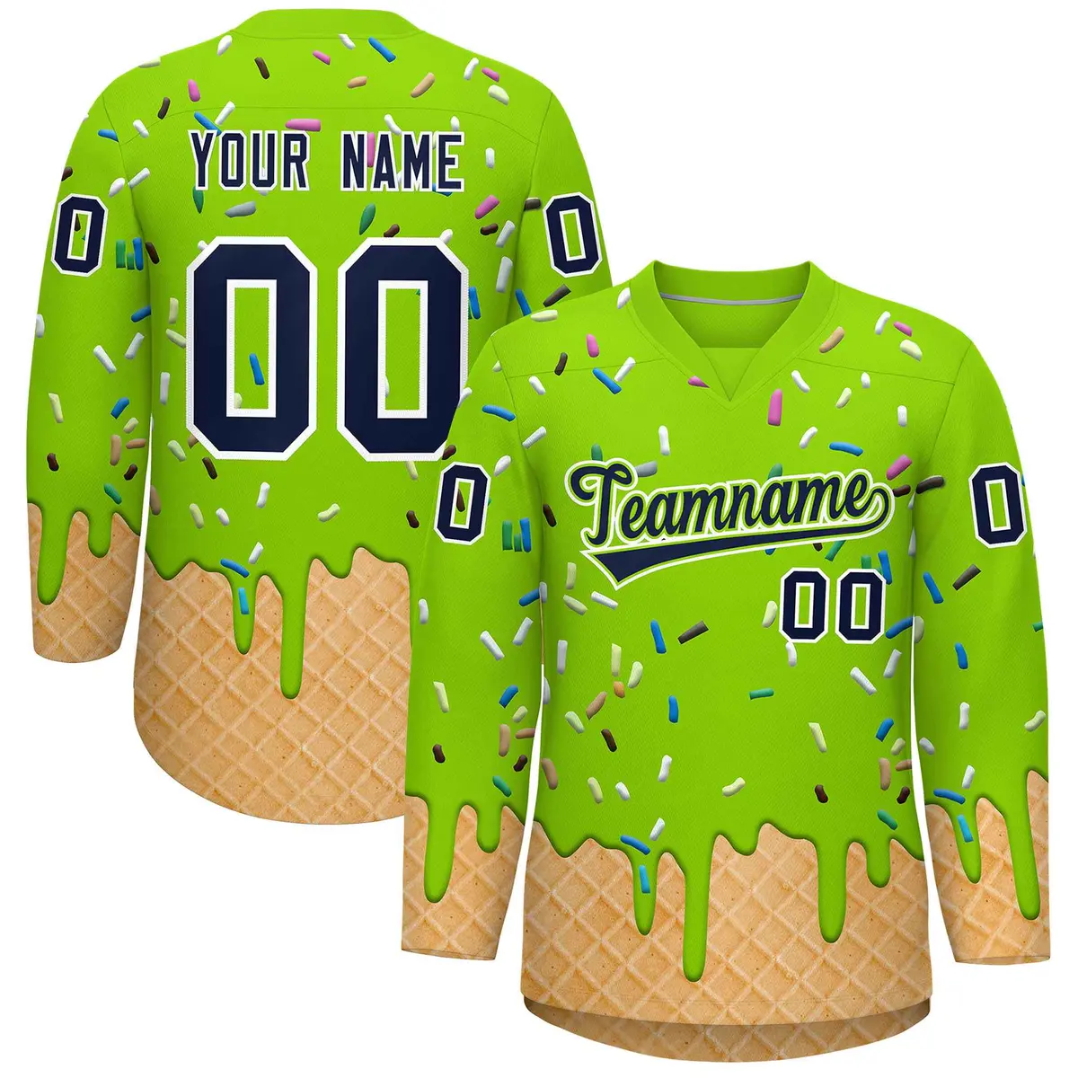 Neon Green Navy Ice Cream Pattern V-Neck Hockey Jersey