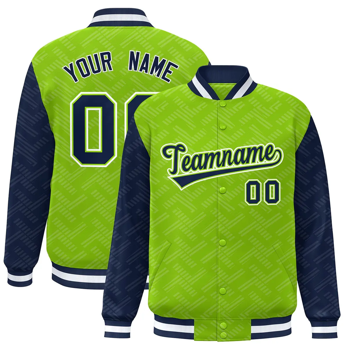 Neon Green Navy L Pattern Varsity Raglan Letterman Jacket