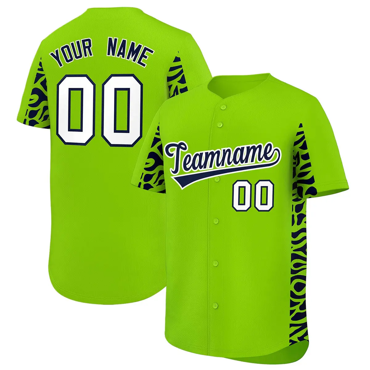 Neon Green Navy Leopard Graffiti Side Design Baseball Jersey