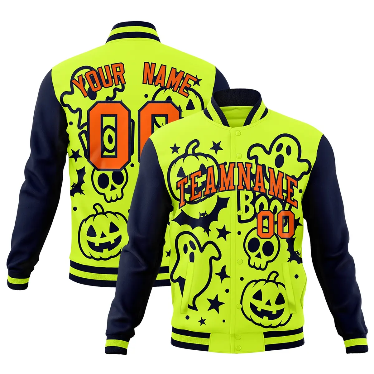 Neon Green Navy Orange Halloween Bats Pumpkins Ghost Letterman Jacket