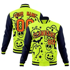 Neon Green Navy Orange Halloween Bats Pumpkins Ghost Letterman Jacket