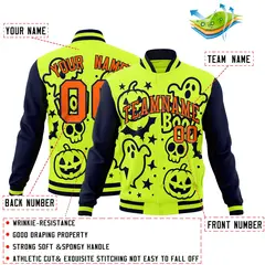 Neon Green Navy Orange Halloween Bats Pumpkins Ghost Letterman Jacket 2