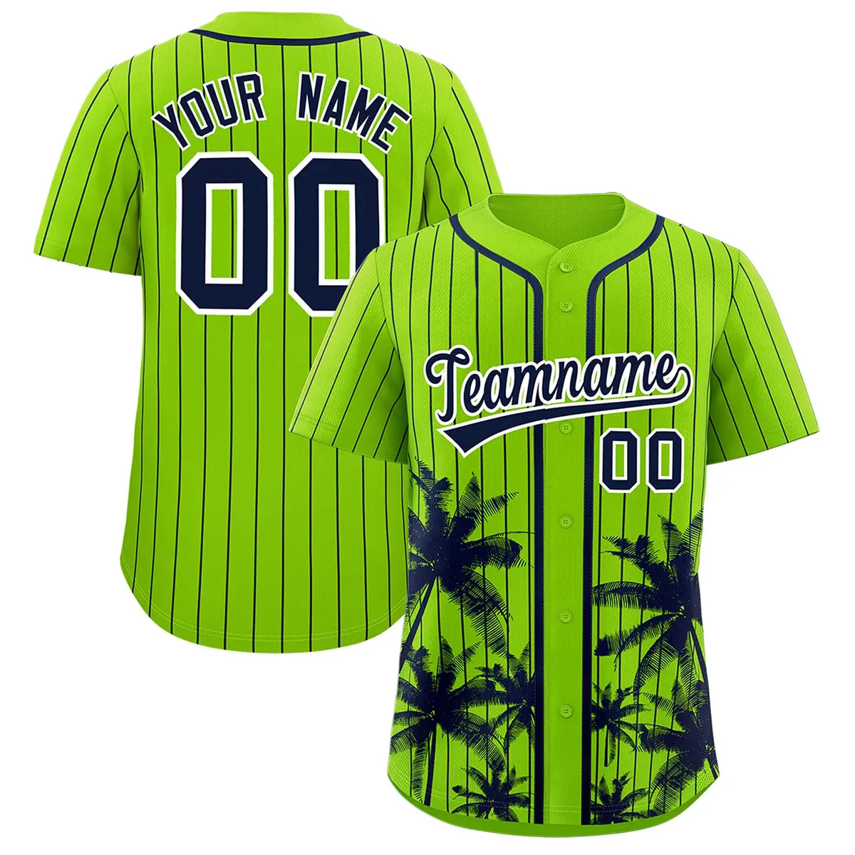 Neon Green Navy Pinstripe Coconut Tree Baseball Jersey