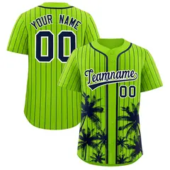 Neon Green Navy Pinstripe Coconut Tree Baseball Jersey 1
