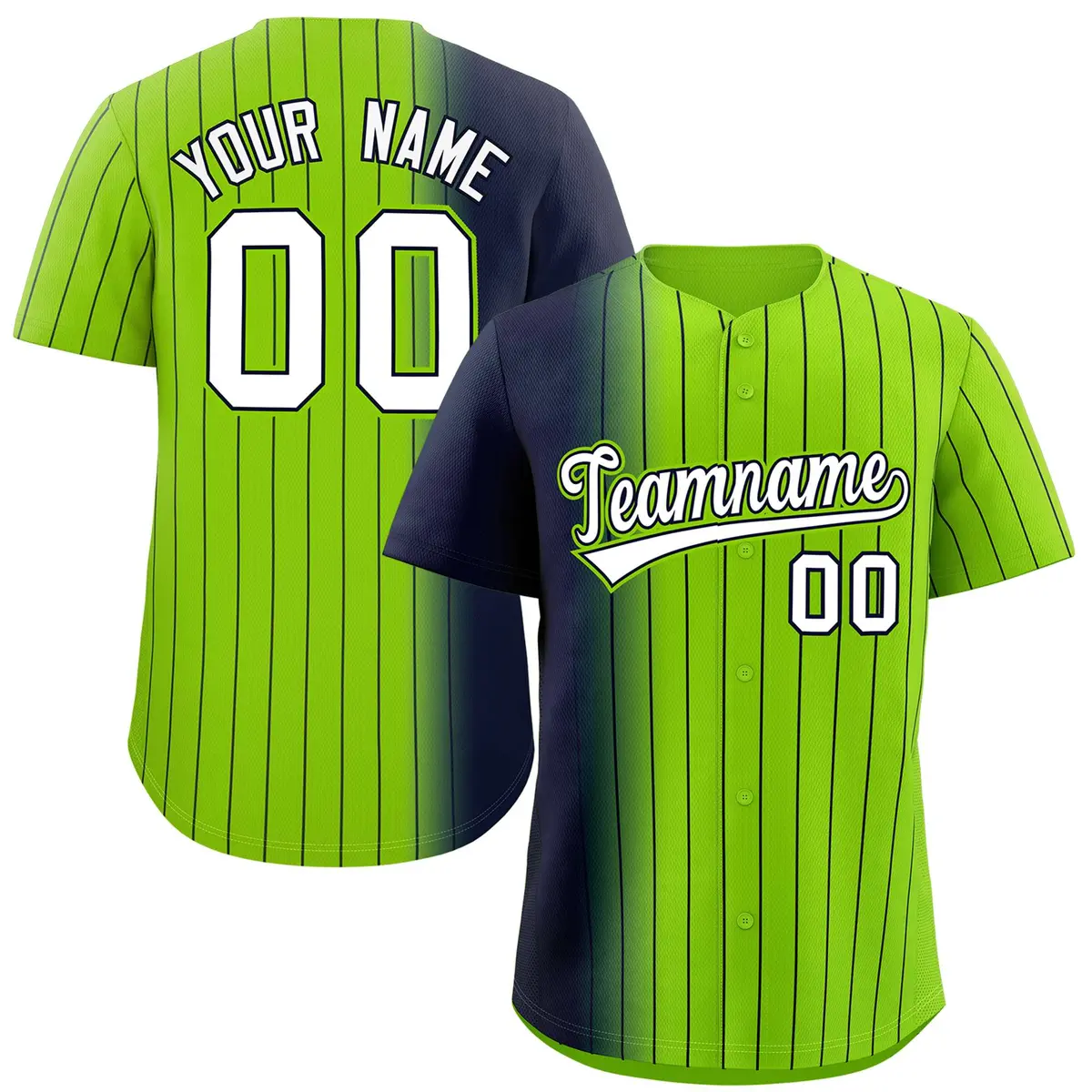 Neon Green Navy Pinstripe Gradient Baseball Jersey