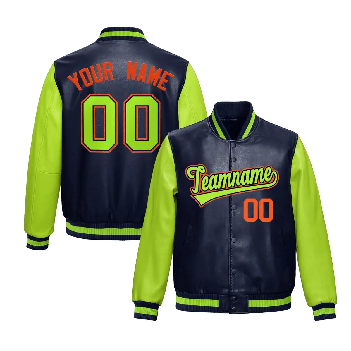 Neon Green Navy Raglan Full-Snap Varsity Faux Leather Letterman Jacket