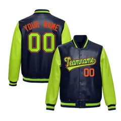 Neon Green Navy Raglan Full-Snap Varsity Faux Leather Letterman Jacket 1