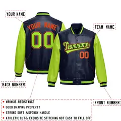 Neon Green Navy Raglan Full-Snap Varsity Faux Leather Letterman Jacket 2