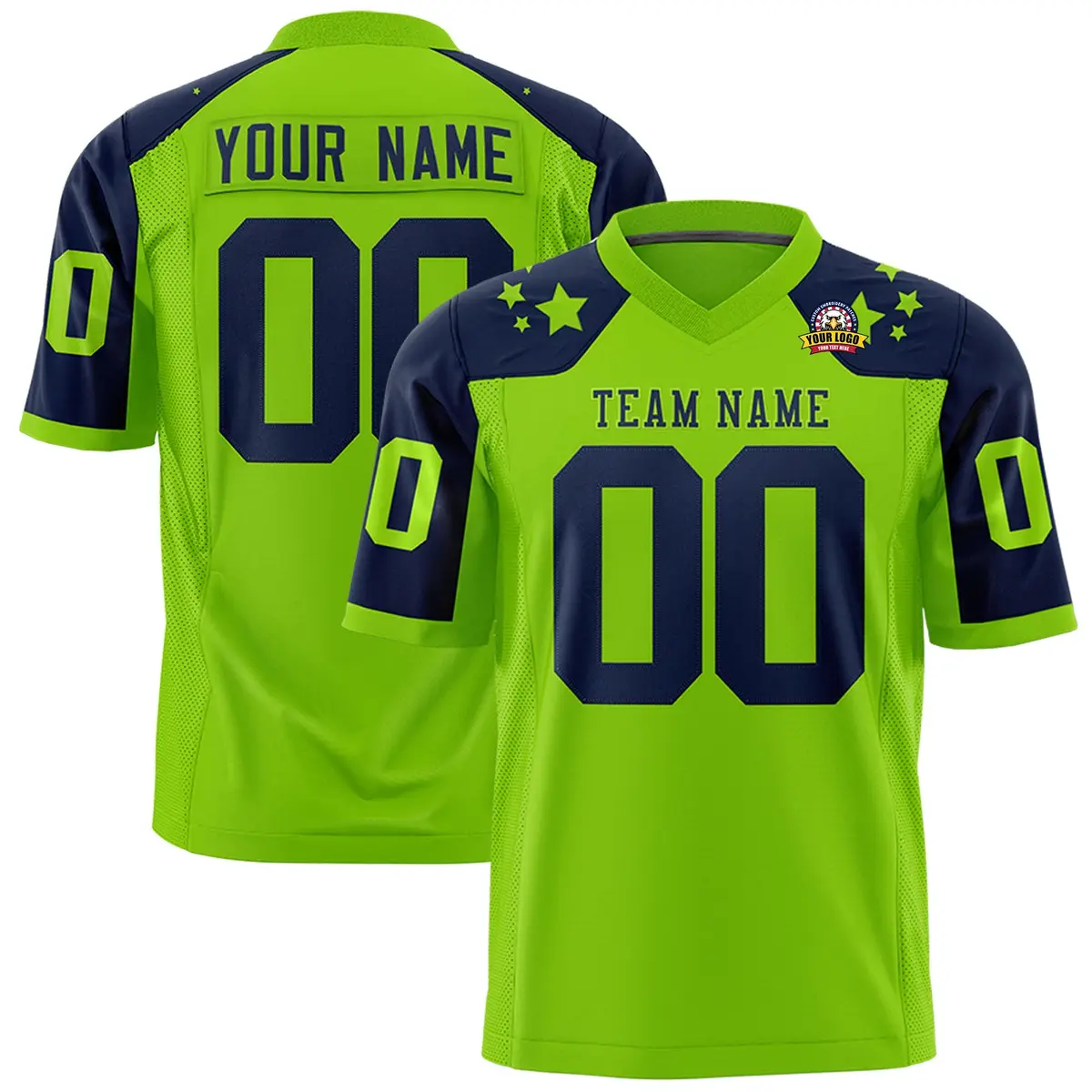 Neon Green Navy Shoulder Star Pattern Flag Football Jersey
