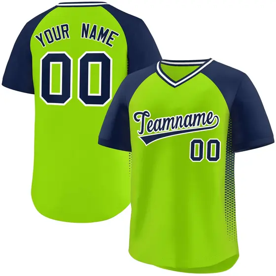 Neon Green Navy Side Spot Raglan Pullover Baseball Jersey