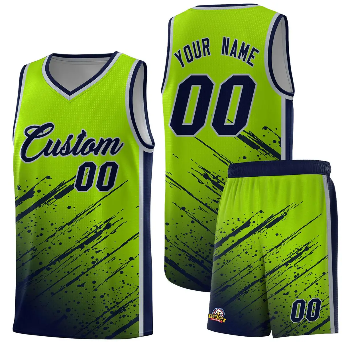 Neon Green Navy Splash Basketball Uniforms for Teams