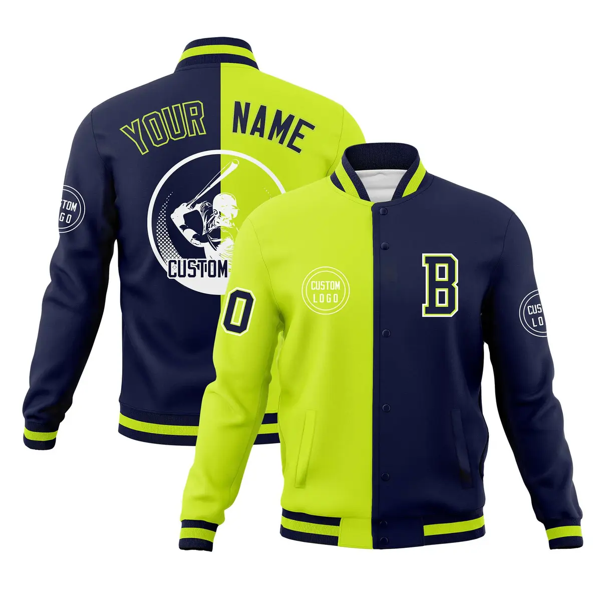 Neon Green Navy Split Letterman Varsity Full-Snap Baseball Jacket