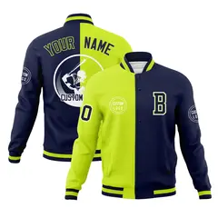 Neon Green Navy Split Letterman Varsity Full-Snap Baseball Jacket 1