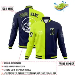Neon Green Navy Split Letterman Varsity Full-Snap Baseball Jacket 4