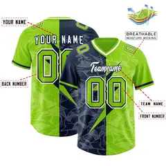 Neon Green Navy Split Lightning Pattern Football Jersey 2