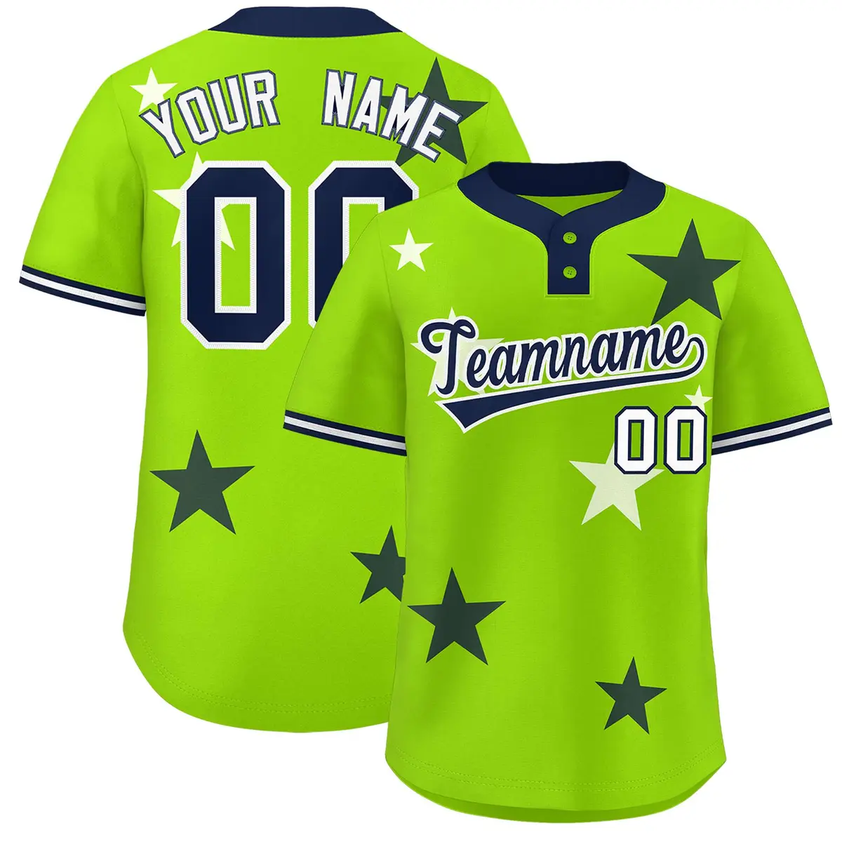 Neon Green Navy Star Graffiti Two-Button Baseball Jersey