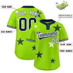 Neon Green Navy Star Graffiti Two-Button Baseball Jersey 2