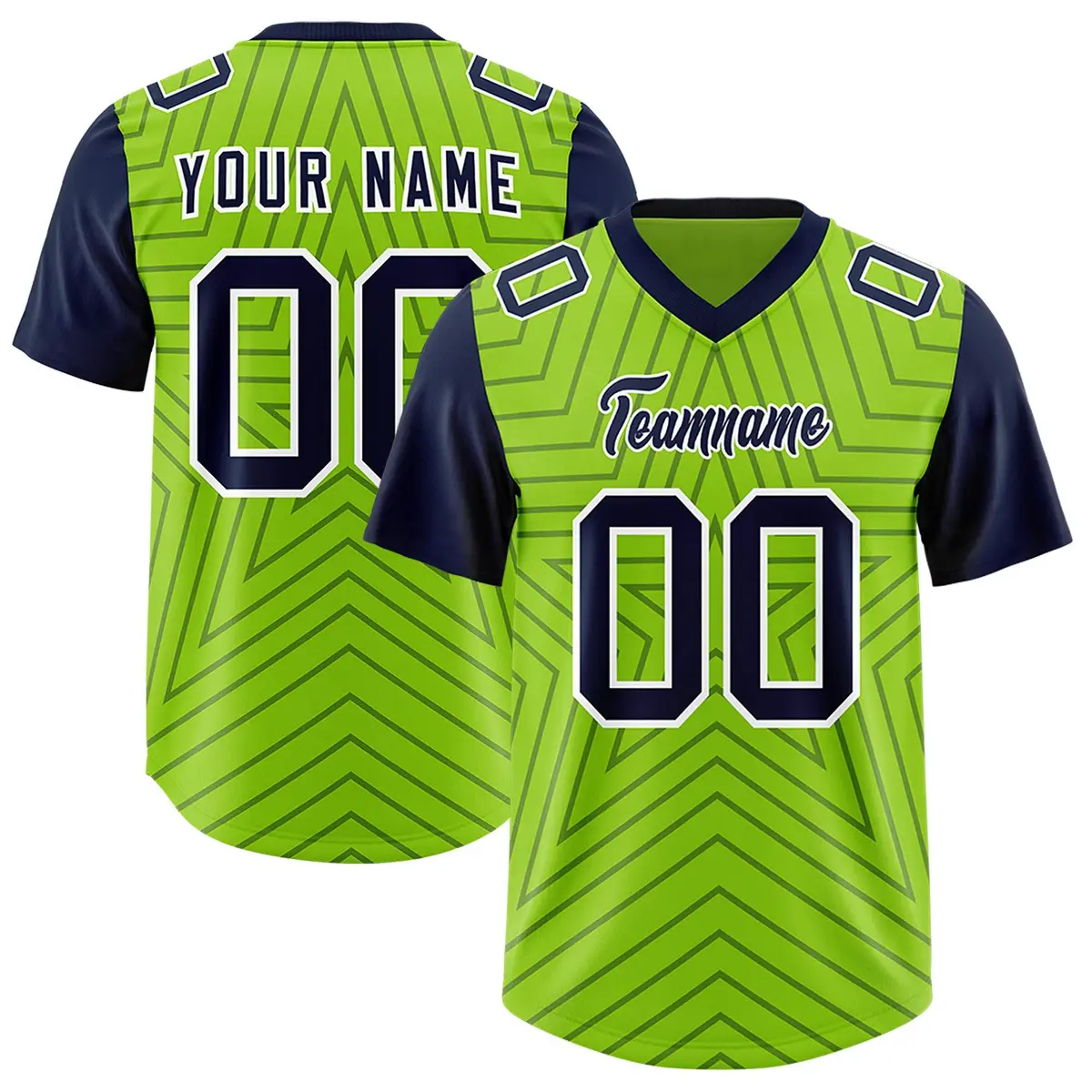 Neon Green Navy Star Pattern Raglan Football Jersey