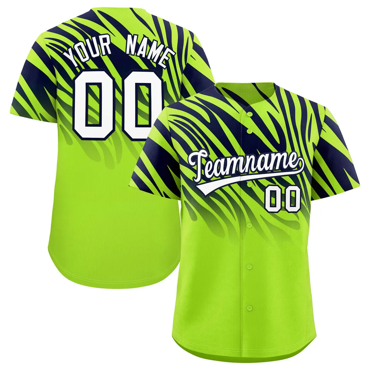 Neon Green Navy Tiger Stripe Gradient Animal Print Baseball Jersey