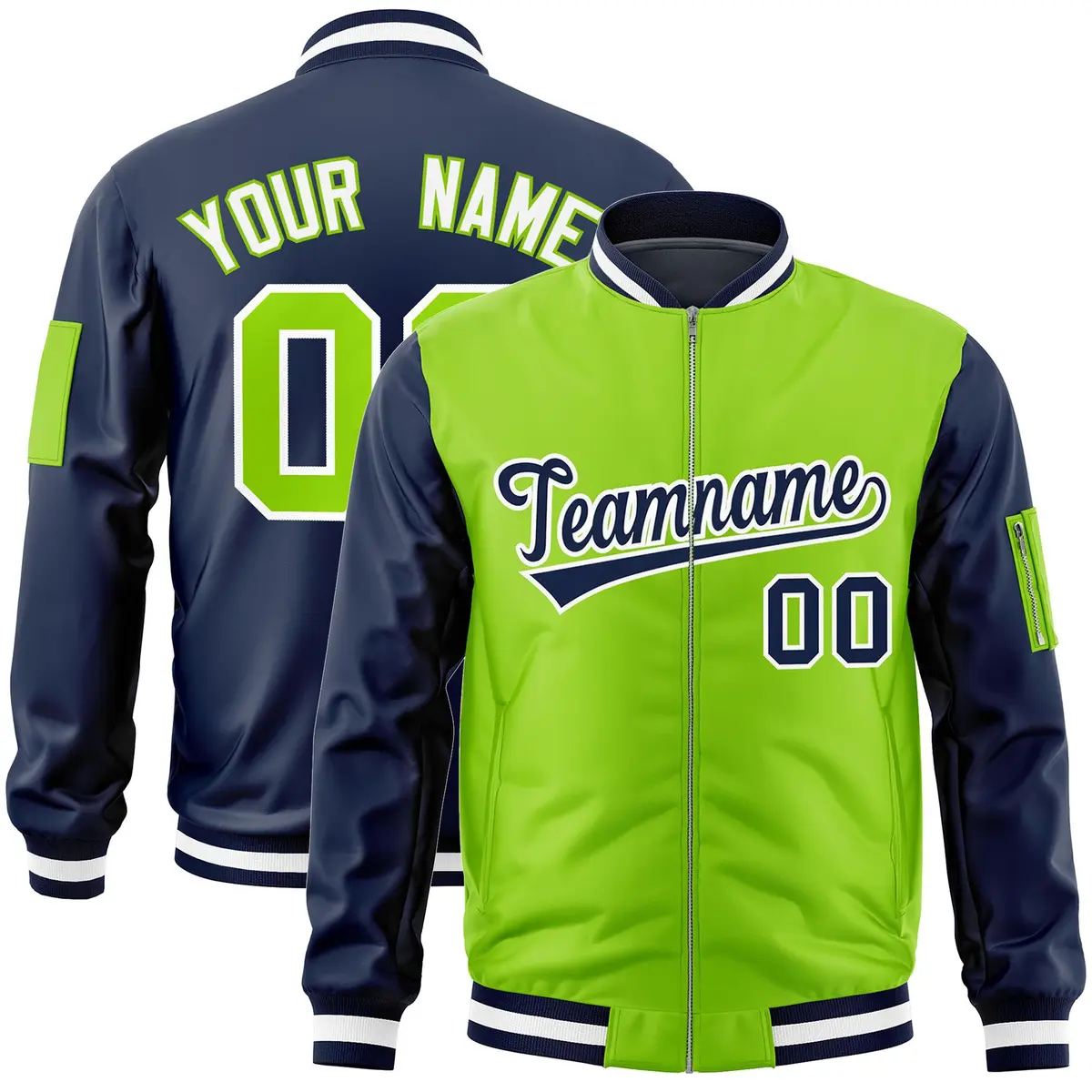 Neon Green Navy Two-Tone Varsity Letterman Bomber Jacket