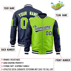 Neon Green Navy Two-Tone Varsity Letterman Bomber Jacket 2